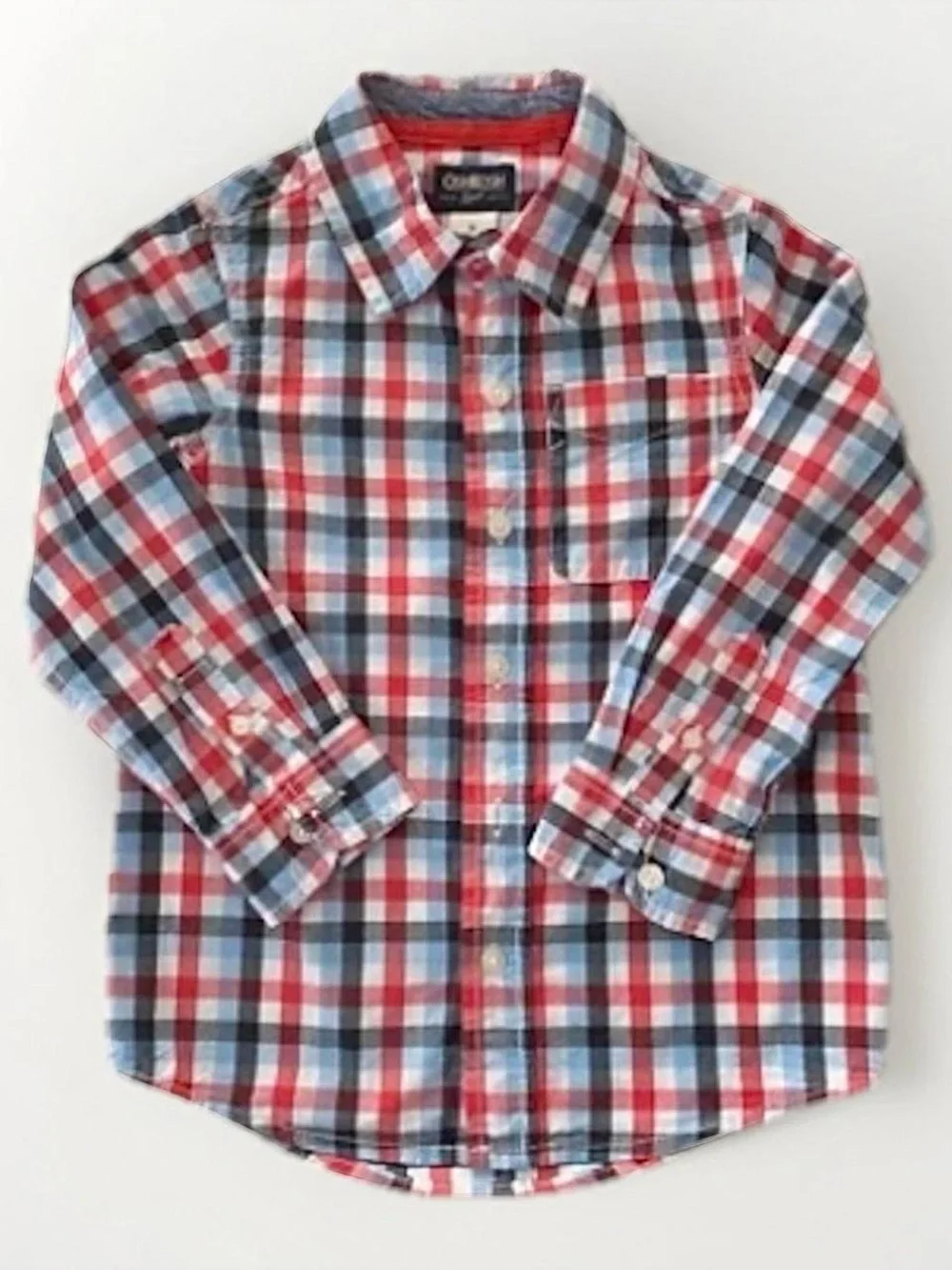OshKosh B'gosh Red Blue White Plaid Button Down Shirt Long Sleeves Preppy Size 5